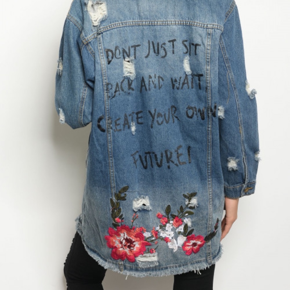 Last 1 SIZE M! 100% COTTON DENIM DISTRESSED JACKET - Picture 3 of 6